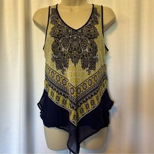 iZ Byer Blouse Tank Top Women’s Medium Floral Boho V-Neck Handkerchief Edge Blue